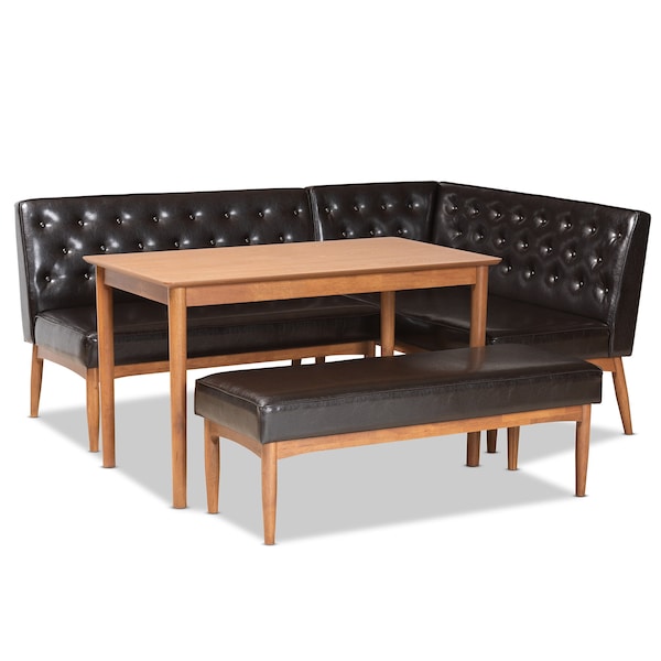 Baxton Studio Riordan Mid-Century Dark Brown Faux Leather and Walnut Brown Finished Wood 4-PC Dining Nook Set 186-11358-10552-9305-Zoro - main